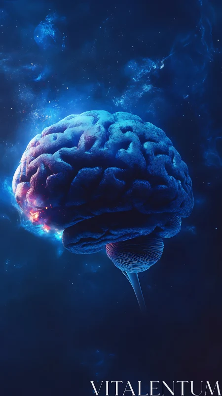 Digital brain model floats within deep blue cosmic void