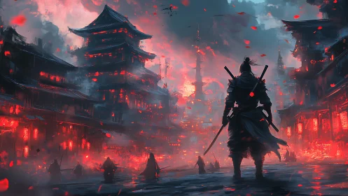 Samurai in ember-lit streets facing a burning twilight city.
