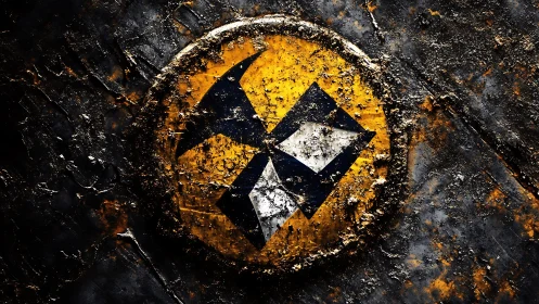 Rusted hazard emblem guarding cracked yellow industrial seal.