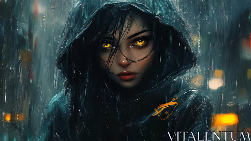Hooded woman with glowing eyes in a rainy neon city.
