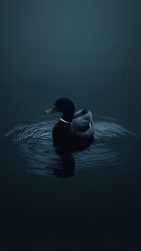 Moonlit mallard composes ripples on a midnight mirror