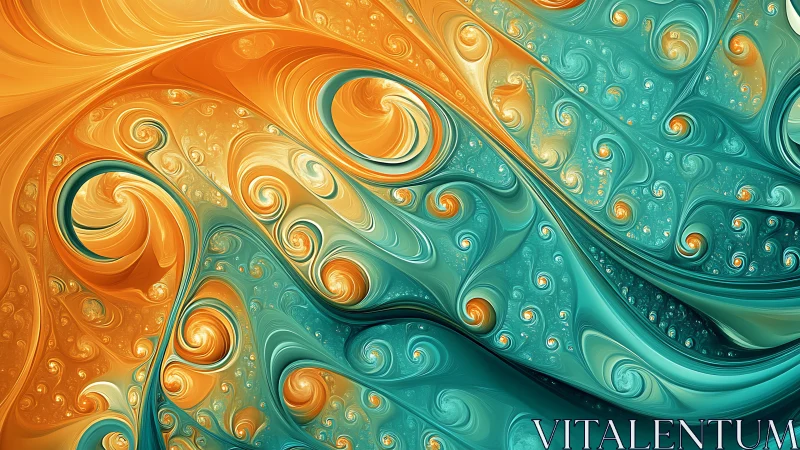 Twin tides of turquoise and amber spiral in fractal bloom.
