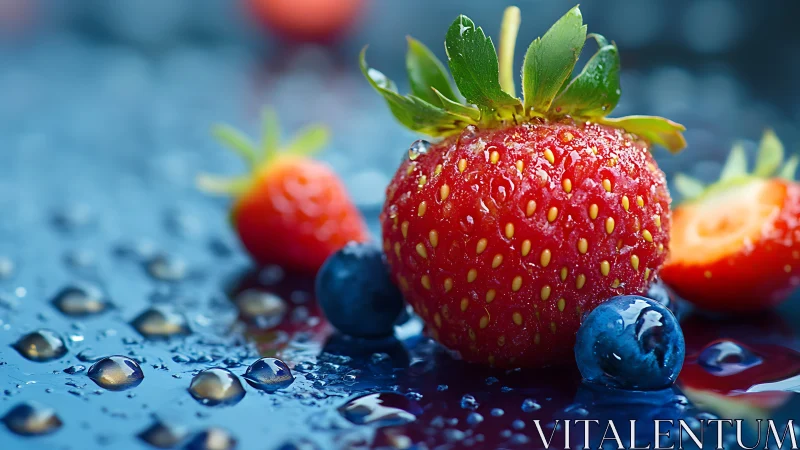Fresh wet strawberries and blueberries on reflective blue surface.