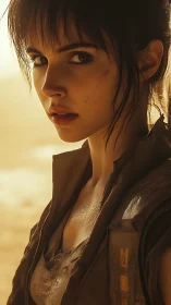 Dusty warrior gazes ahead in sunlit post‑apocalyptic calm