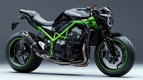 Neon green street predator motorcycle basking in studio calm.