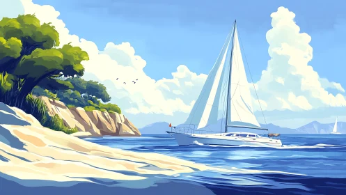 Sunlit sailboat drifting past a peaceful tropical shoreline.