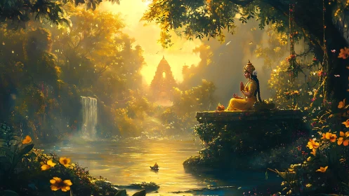 Meditating deity sits beside river in luminous forest valley