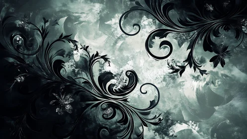 Stylized black floral vectors overlay diffuse teal background