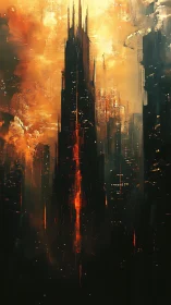 Ember-lit tower rising through a storm of molten dusk.