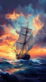 Tall ship under vivid stormy sunset sky at open sea.