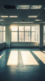 Sunlit empty office interior captures long morning shadows