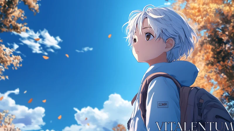 White-haired adolescent stands outdoors under clear autumn sky
