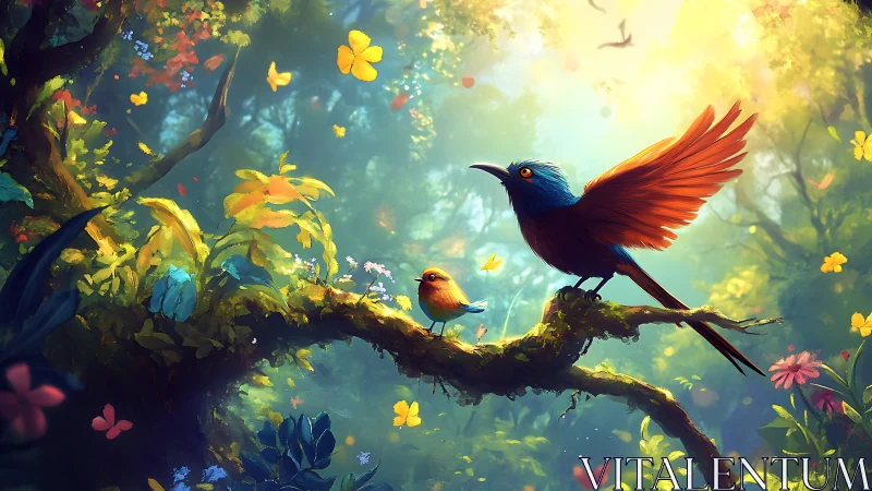 Vibrant Fantasy Birds on Forest Branch in Magical Sunlit Scene.