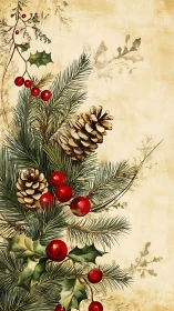 Pine cones, holly leaves and berries are arranged vertically