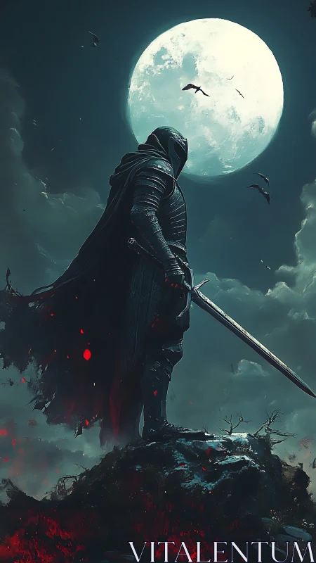 Moonlit dark knight pauses on a quiet burning hilltop.