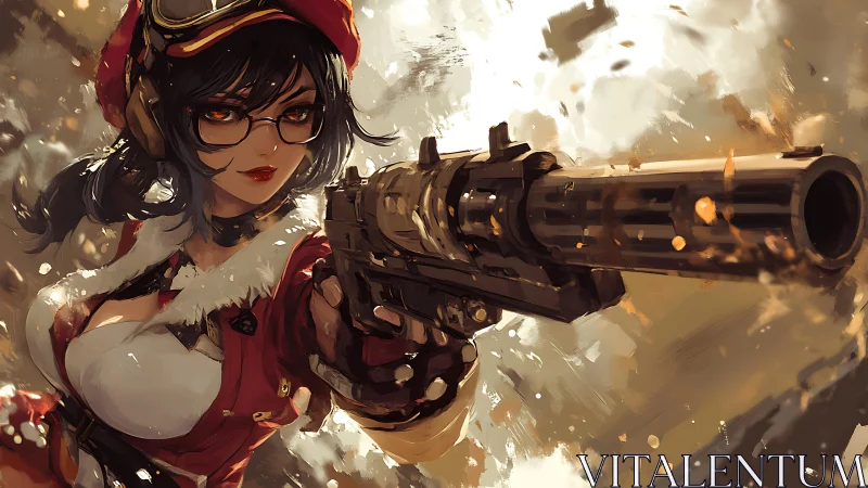 Dynamic close-range perspective shows armed woman in festive gear