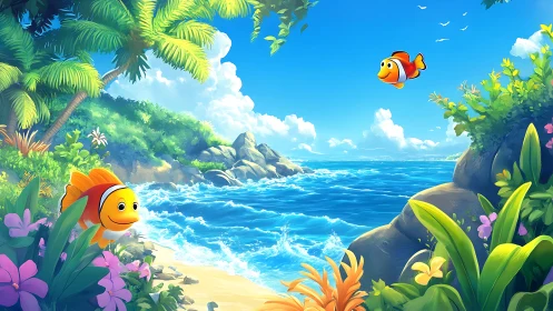 Tropical clownfish playground under candy-blue island skies.
