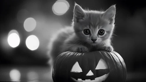 Kitten Perched on Jack-o'-Lantern in Monochrome