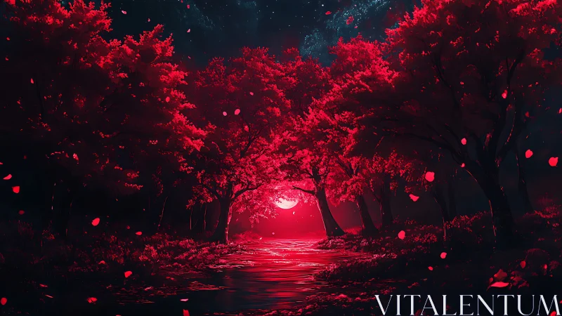 Crimson Forest Path with Luminous Moon Rising