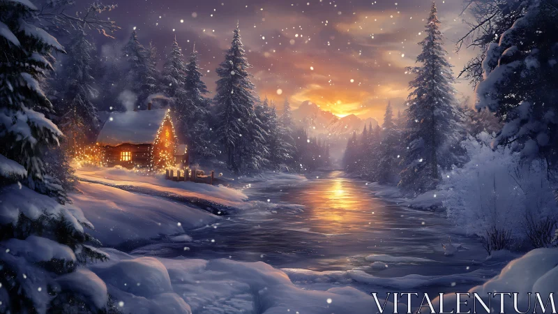 Snowy riverside cabin under glowing winter sunset sky.