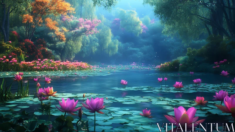 Serene lotus pond under dappled blue light in lush forest