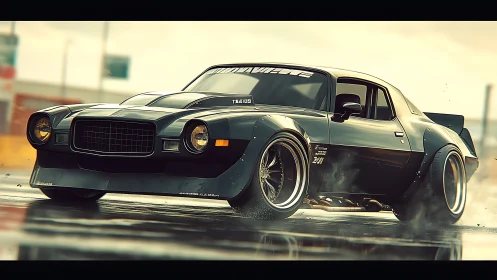 Muscle car slices wet asphalt while turbo glow stalks dusk