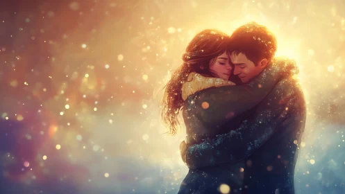 Couple Embracing in Golden Luminescent Setting