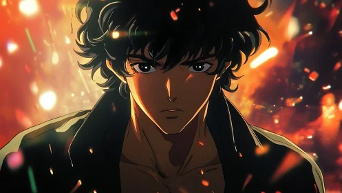 Storm-eyed anime hero walks through burning twilight firestorm.