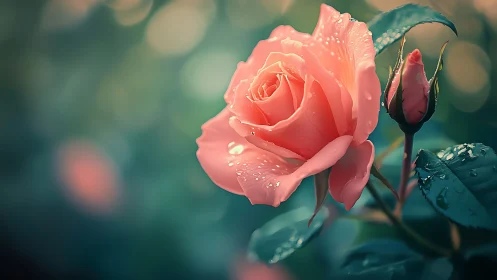 Coral-Hued Rose Bloom with Dew Droplets Against Teal Bokeh Background