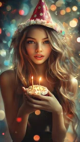 Portrait of Woman with Birthday Hat and Cake