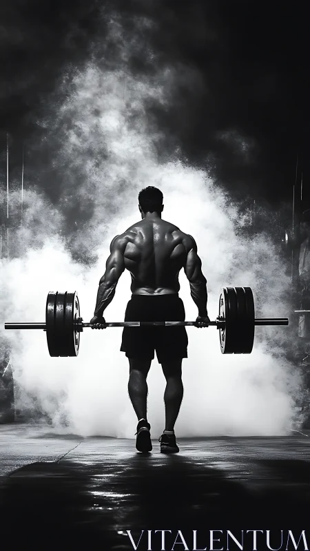 Powerful lifter walks forward with heavy barbell in misty gym