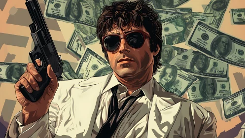 Stylized gunman in white suit with floating dollar bills.