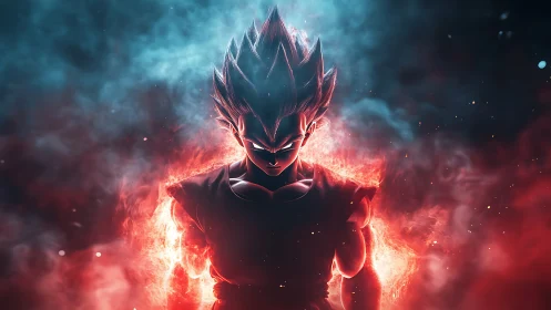 Silhouetted spiky-haired fighter in red and blue energy field.