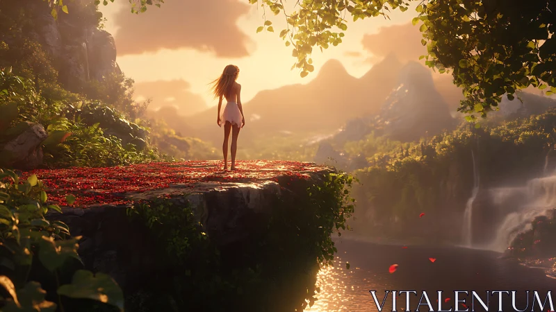 Young dreamer on a sunlit cliff of petals and waterfalls.