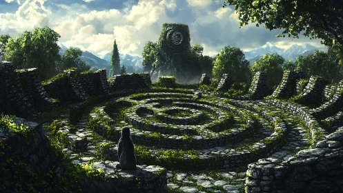 Cloaked figure in overgrown stone labyrinth with monolith.