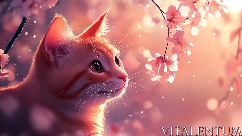 Luminous Feline Portrait with Atmospheric Bokeh and Cherry Blossom Composition