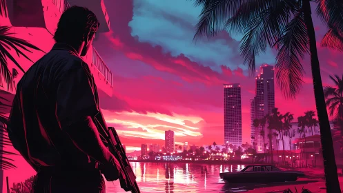 Neon-soaked waterfront vigil in a retro-futurist cityscape.