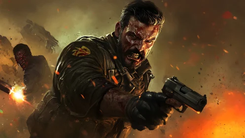 Battle-scarred soldier erupts through flames and flying embers.