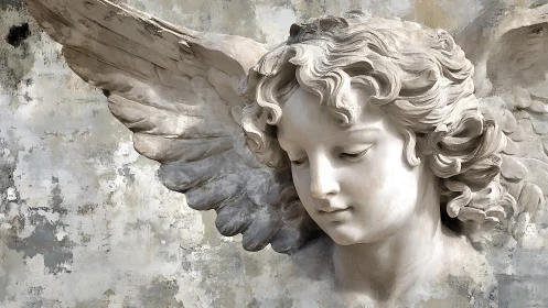 Marble angel bust with detailed baroque curls and eroded wings