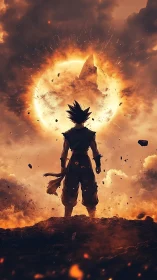 Lone anime warrior confronts erupting celestial firestorm