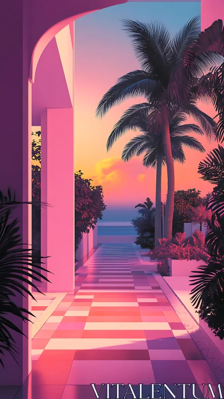 Sunset walkway invites a dreamy escape by the sea