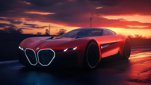 Red BMW concept supercar glows on rain soaked highway at dusk
