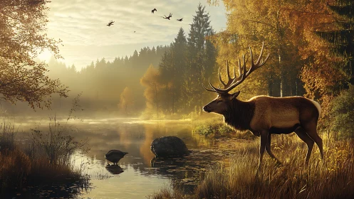 Majestic stag stands beside misty autumn forest river
