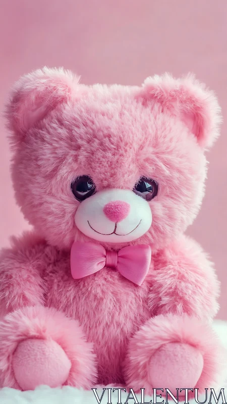 Pink plush teddy bear sits centered against soft backdrop