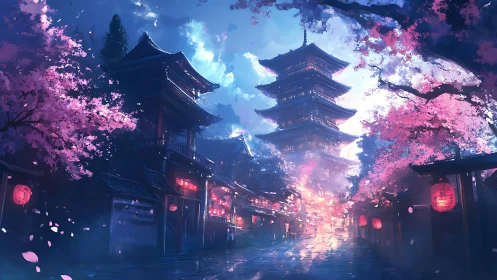 Digital painting of lantern-lit pagoda street with sakura glow.
