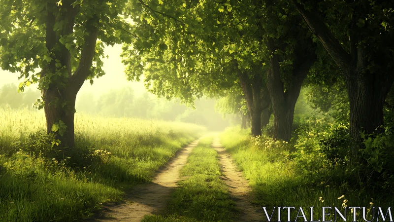 Sunlit country lane slipping into a misty green hush.