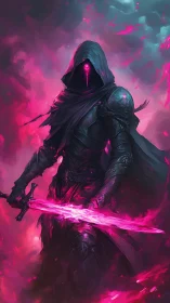 Hooded armored figure holds glowing pink energy sword