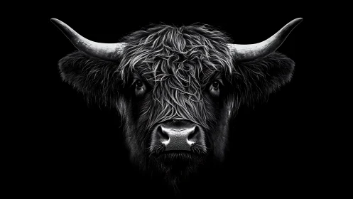 Highland bull portrait in dramatic monochrome lighting.
