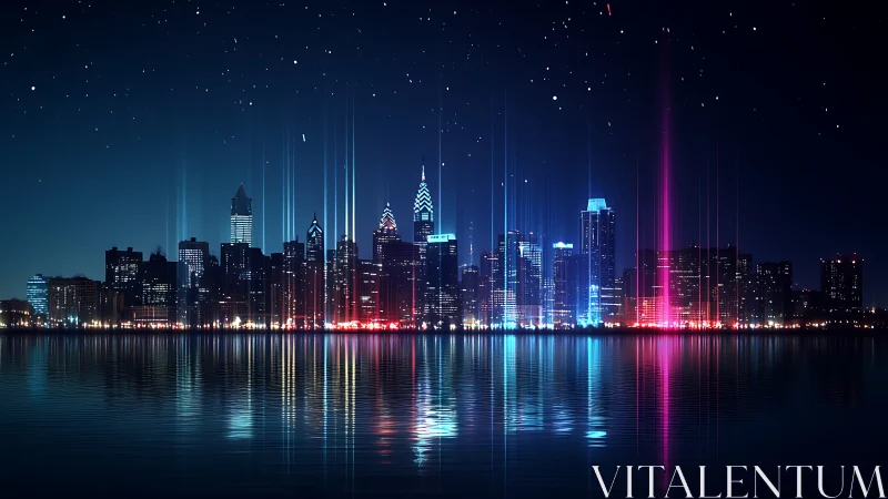 Neon towers whisper upward while starlit water quietly listens