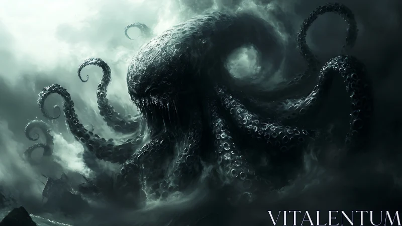 Stormlit sea colossus rising from a swirling black abyss.